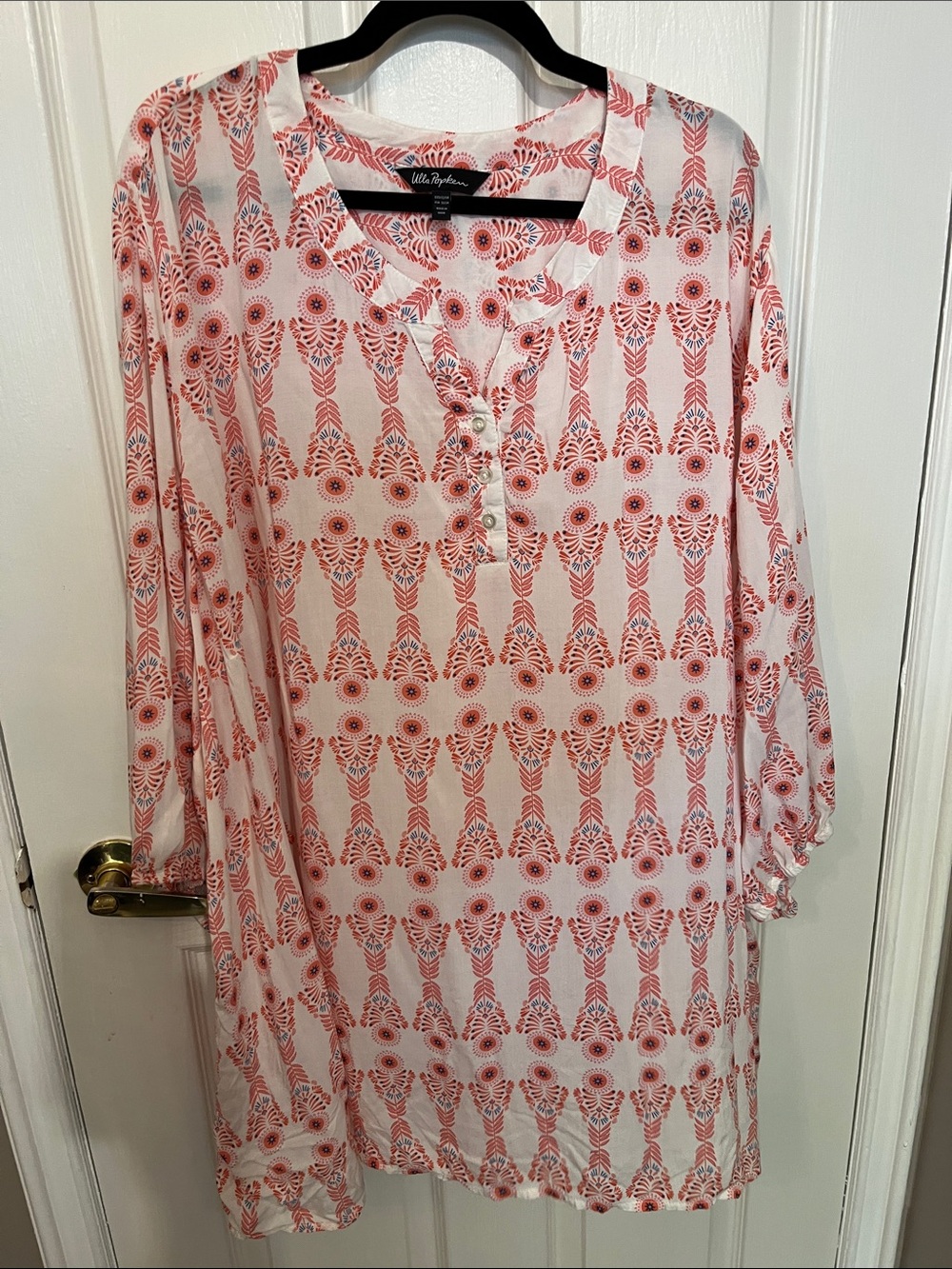 Ulla Popken White Tunic with Coral Geometric Print